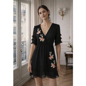 ☀️ TOPSHOP Black Floral Embroidered Surplice Dress Size 2 Ruffle Grunge Tulle